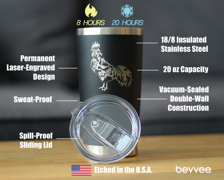 Rooster - Insulated Coffee Tumbler Cup with Sliding Lid - Stainless Steel Travel Mug - Chicken Gifts and Farm Décor for Women and Men