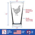 Hen - Cute Funny Pint Glass, 16 Oz, Etched Sayings, Cute Farmhouse Decor Gifts for Lovers of Hens, Chickens and Beer