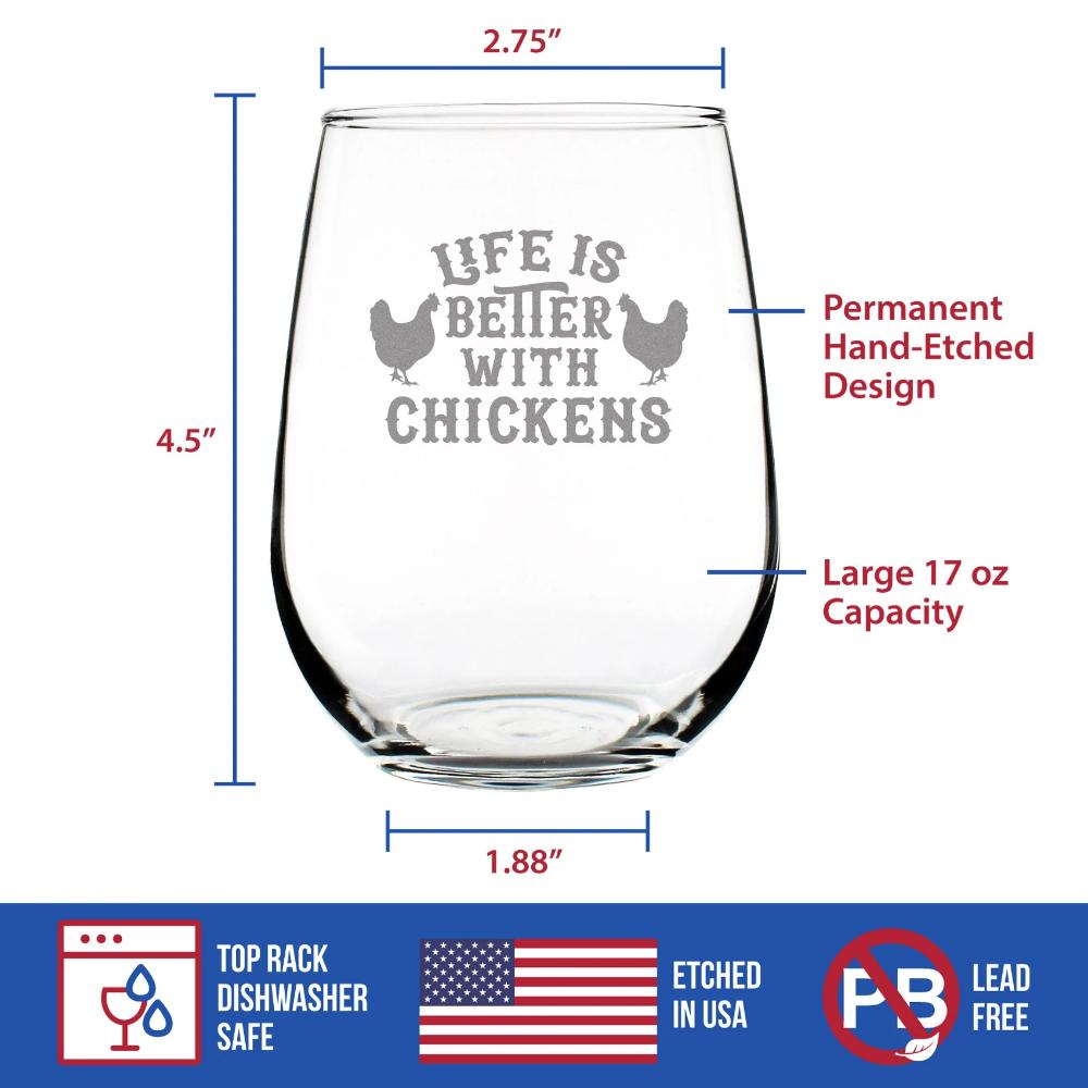 Life is Better with Chickens Stemless Wine Glass - Cute Chicken Themed Decor & Mama Hen Gifts for Women - Large